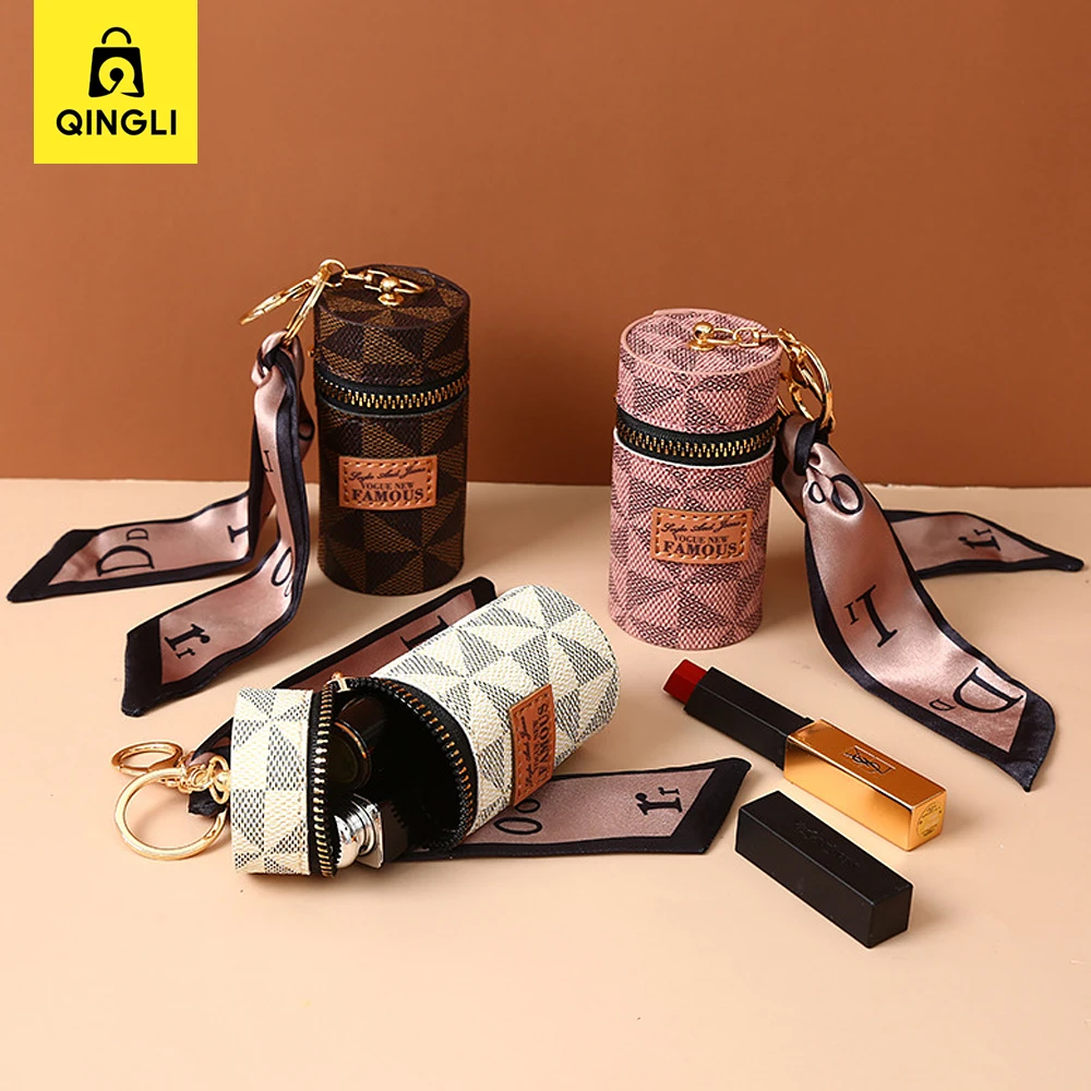Trend Cylindrical Lipstick Coin Purse Women Portable Key chain Bag Pendant Fashion Checked Pattern Earphone Key Bag Mini Wallet
