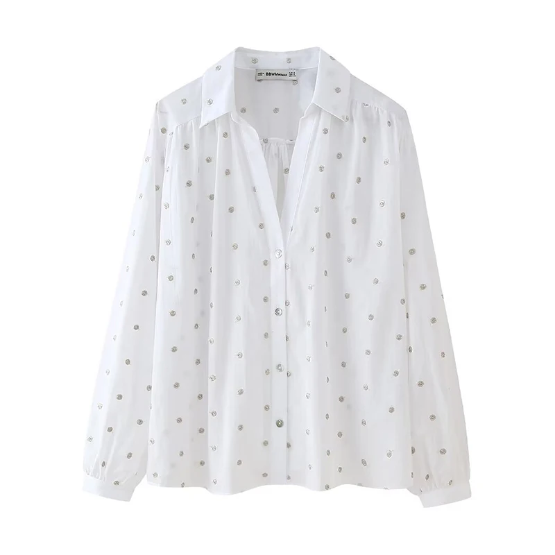 

TRAF Loose Shirt Women Dot Button up Shirts for Women Long Sleeve Ruched Blouse Female Summer Collar Shirts and Blouses