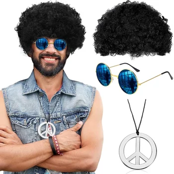 Costume Jewelry Set Synthetic Afro Wig Sunglasses Necklace For 50s, 60s, 70s Theme Party Men 80s Style Party Clothes Accessories
