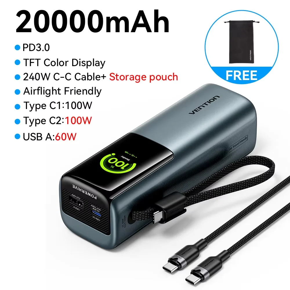 מטען נייד Vention 20000mAh 165w עם טעינה מהירה PD למחשב נייד MacBook iPhone Xiaomi מטען חיצוני USB