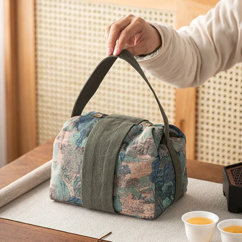 Fabric Tea Set Storage Bag Outdoor Travel Portable Tea Bag Teapot Tacup Cover Bowl Large Capacity Handheld Storage ZE969