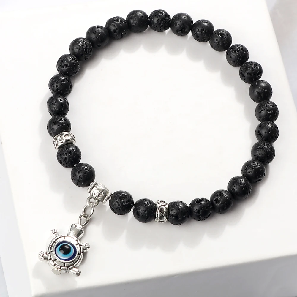 New Turtle Blue Evil Eye Bracelet for Women Men 6 8mm Natural Stone Black Lava Onyx Malachite Energy Bead Bracelets Yoga Jewelry