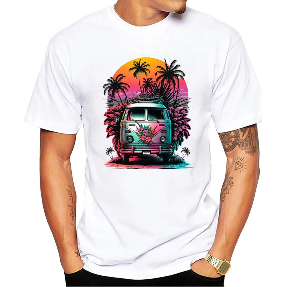 TEEHUB Basic Retro Bus Men T-Shirt Beach Tree Printed T Shirts Short Sleeve Tshirts Haruku Tee_voghion.com