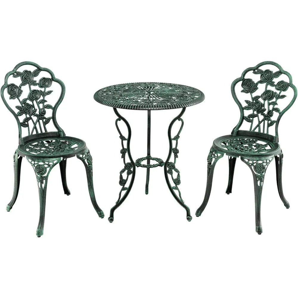 

3 Piece garden Chair,Cast Aluminum Rose Design AntiqueOutdoor Weather Resistant Garden Round Table and Chairs Umbrella Hole