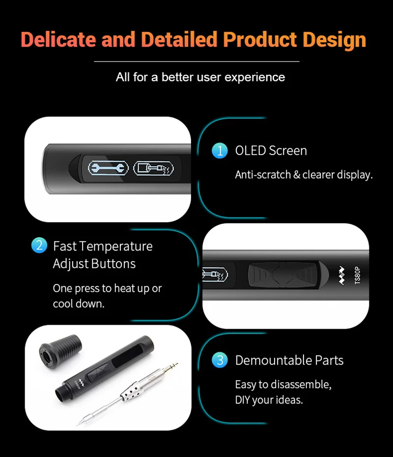 MINIWARE TS80P Mini Smart Portable Digital Soldering Iron Tool Adjustable Temperature OLED Display Iron Tips QC3.0 PD2.0 45W 4