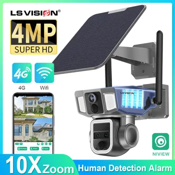 LS VISION 4G 및 WIFI 태양광 보안 카메라, 야외 10X 줌 듀얼 렌즈 스크린, 무선 카메라, 4K/8MP PTZ 캠, 사람 추적 CCTV