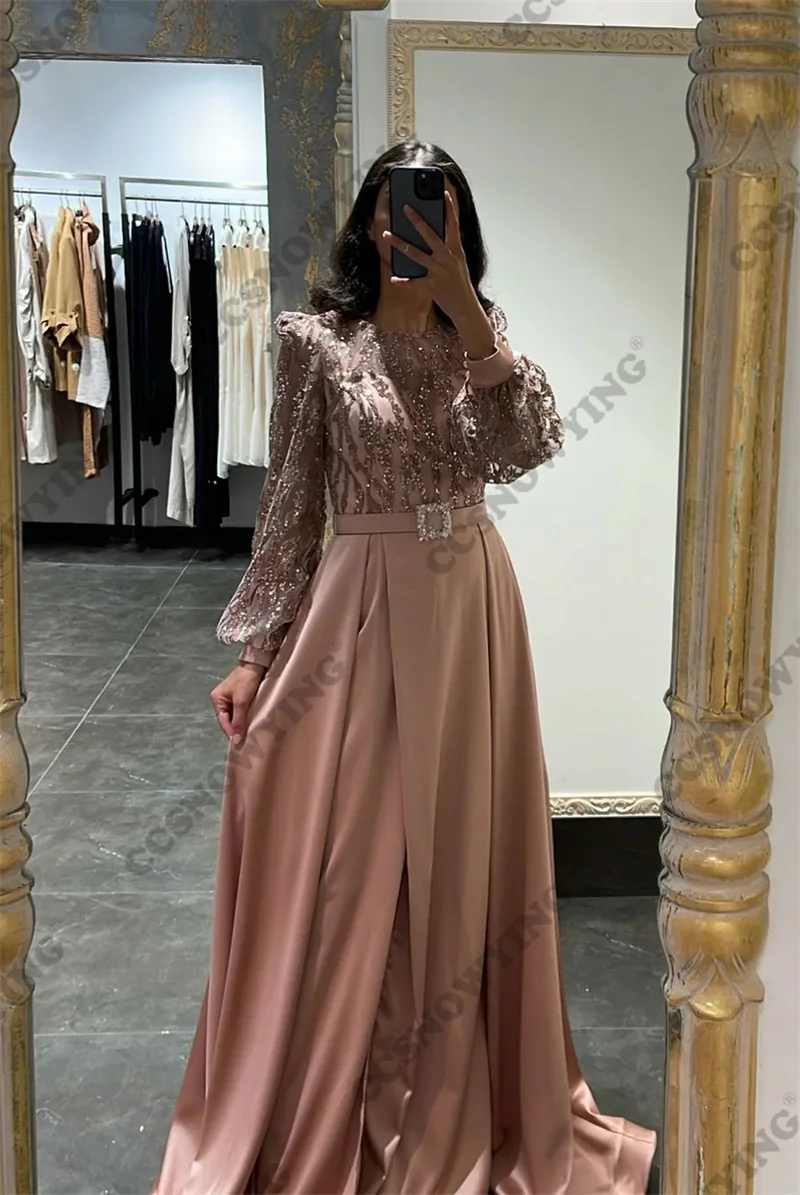 

Dusty Rose Long Sleeve Islamic Evening Dresses Satin Beaded Muslim Formal Party Gown Hijab Women Arabric Kaftan Robe De Soiree
