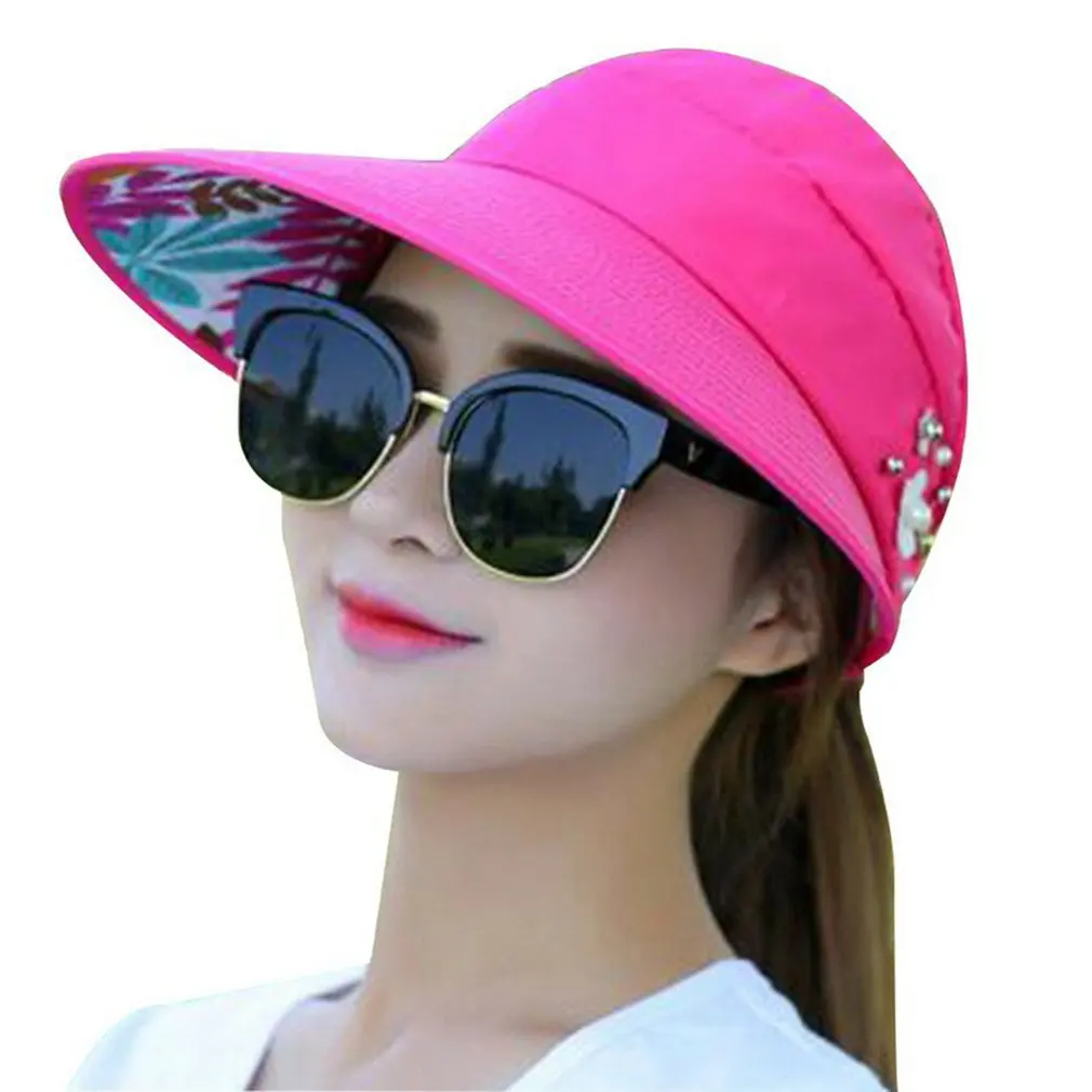 Dihope New Arrival UV Protection Women Summer Beach Sun Hats Pearl Packable Sun Visor Hat With Big Heads Wide Brim Female Cap