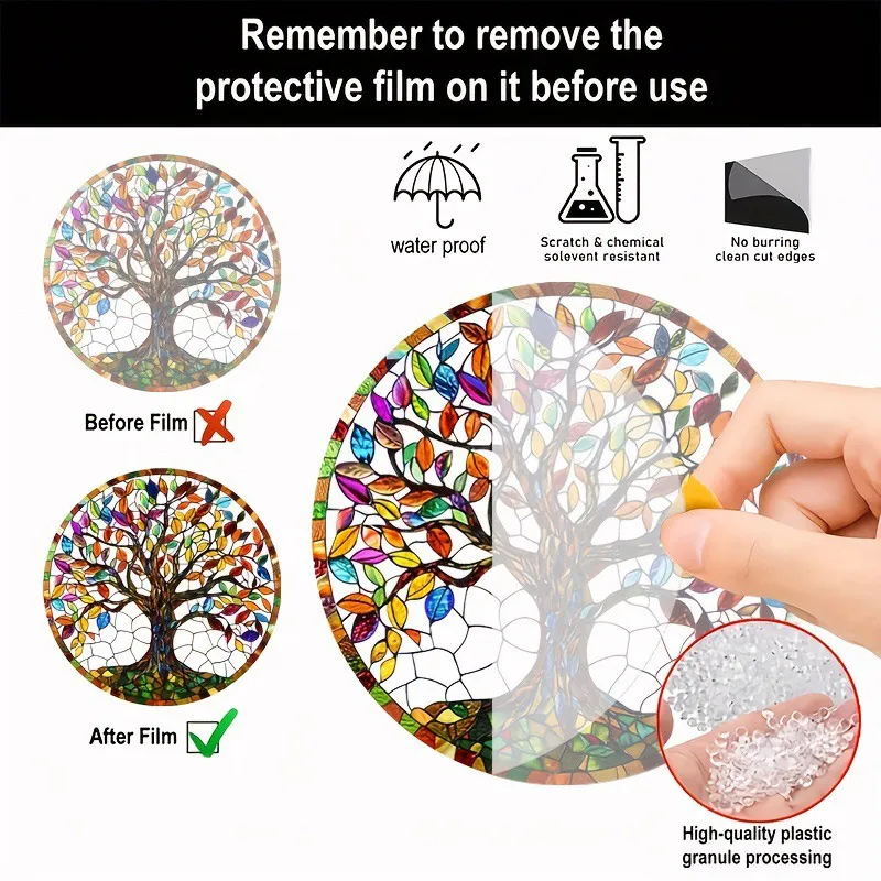 Stained Glass Window Wall Hanging Ornament With Gold Rope Round Tree Of Life Suncatcher Home Decoration Housewarming Gifts 4