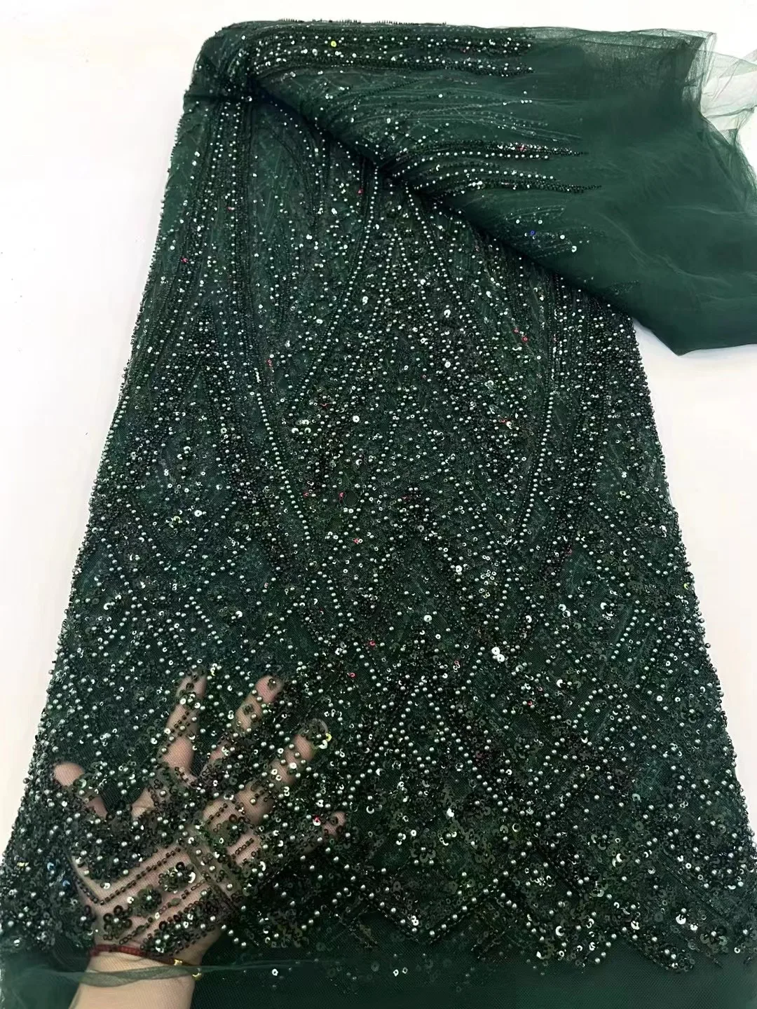 

Green Fashion Latest Africa Embroidered Tulle Net Fabric With Beads High Quality Luxury Sequins Net Lace Evening Party Dress Sew