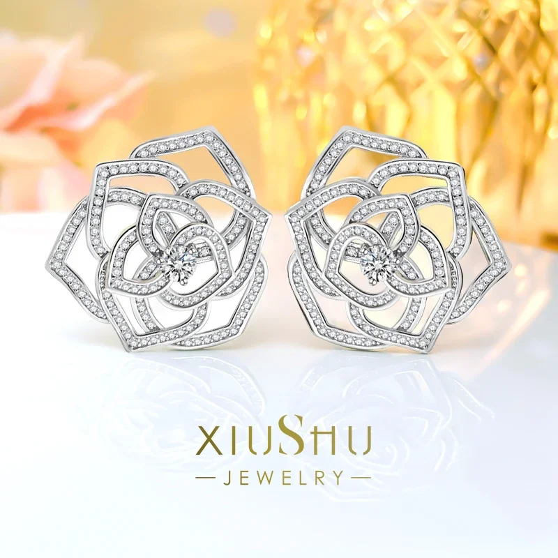 

New Camellia Flower Earrings with Sterling Silver Inlaid High Carbon Diamond Light Luxury Earrings for Versatile Wedding