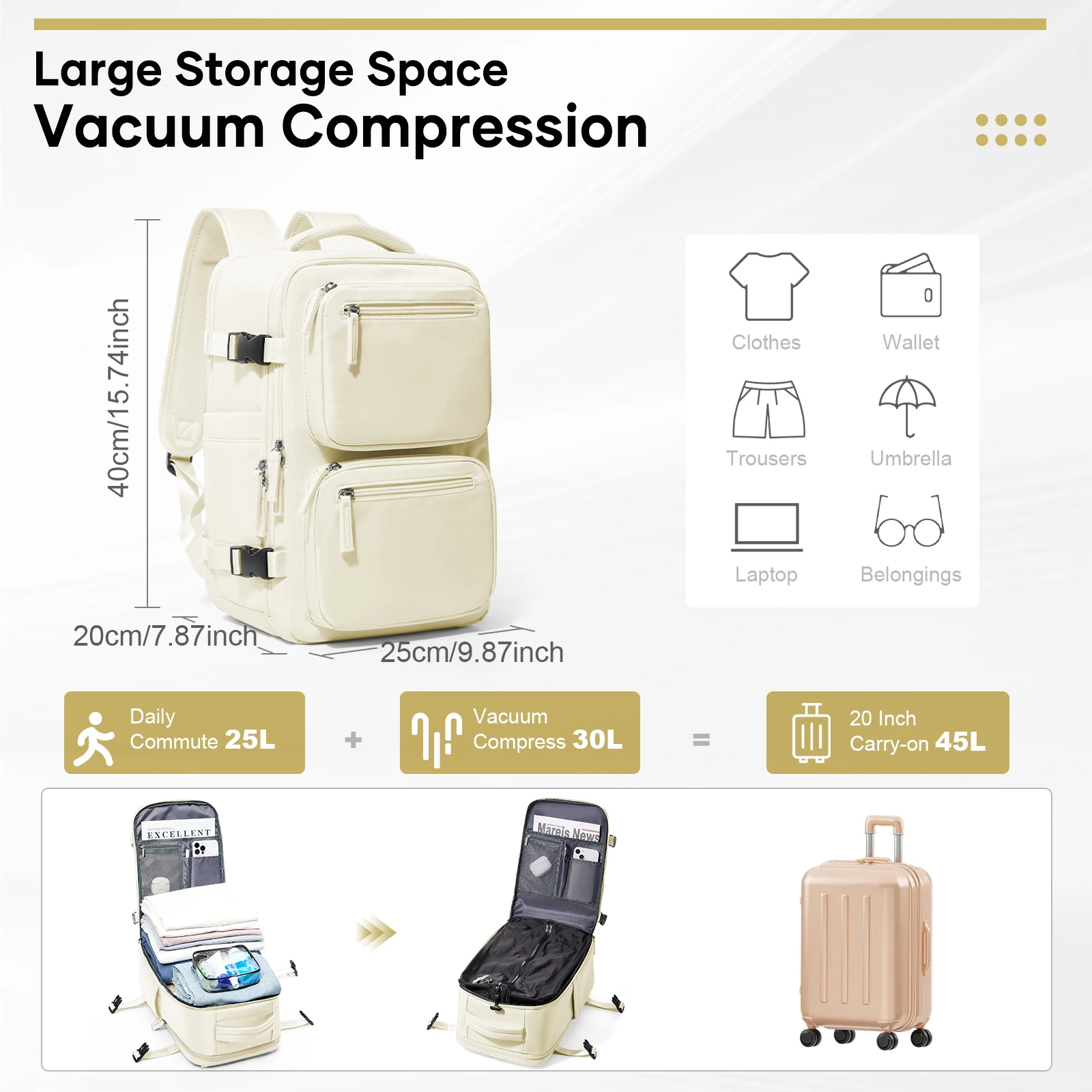 Backpack Ryanair 40x20x25, Vacuum Compression Backpack, Hiking Vacuum Travel Backpack for Men Women, Multi-Functional Laptop Bag