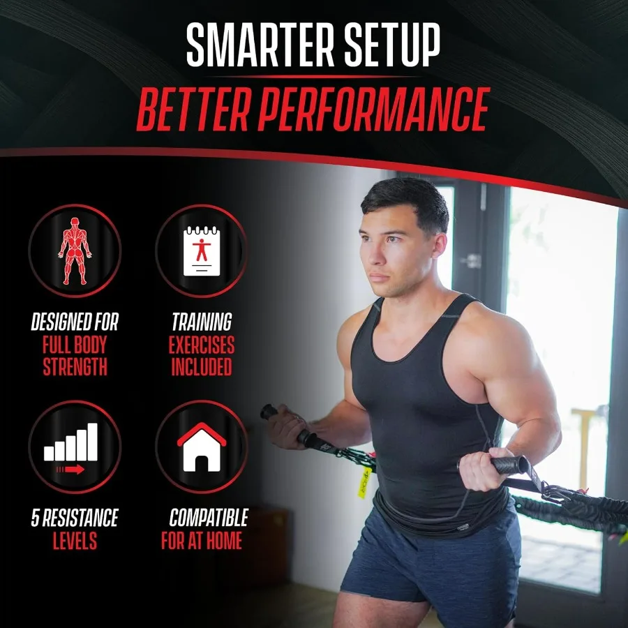 Deluxe Shoulder and Full Body Cross Anchored Resistance Cord System with Interchangeable Handles, Foot Straps, and Workout Guide