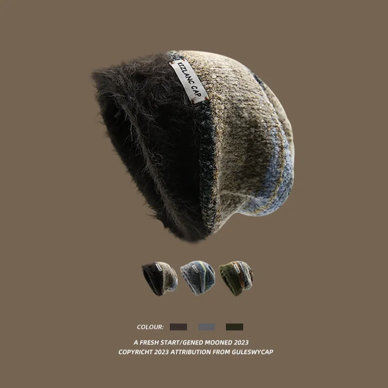 New Meilade Winter Fleece-Lined Knitted Slouchy Hat For Women Slim Face Cold-Resistant Warm Retro Woolen Hat For Men