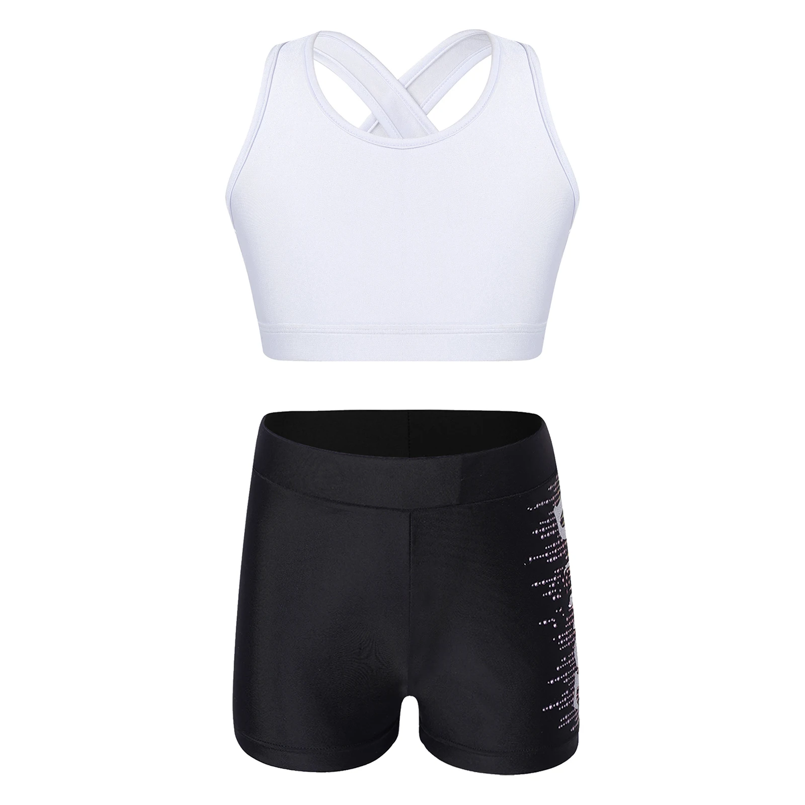 Kids Girls Dance Suits U Neck Cross Keyhole Back Sleeveless Sports Bra Top with Side Printed Shorts for Cycling Running Workout