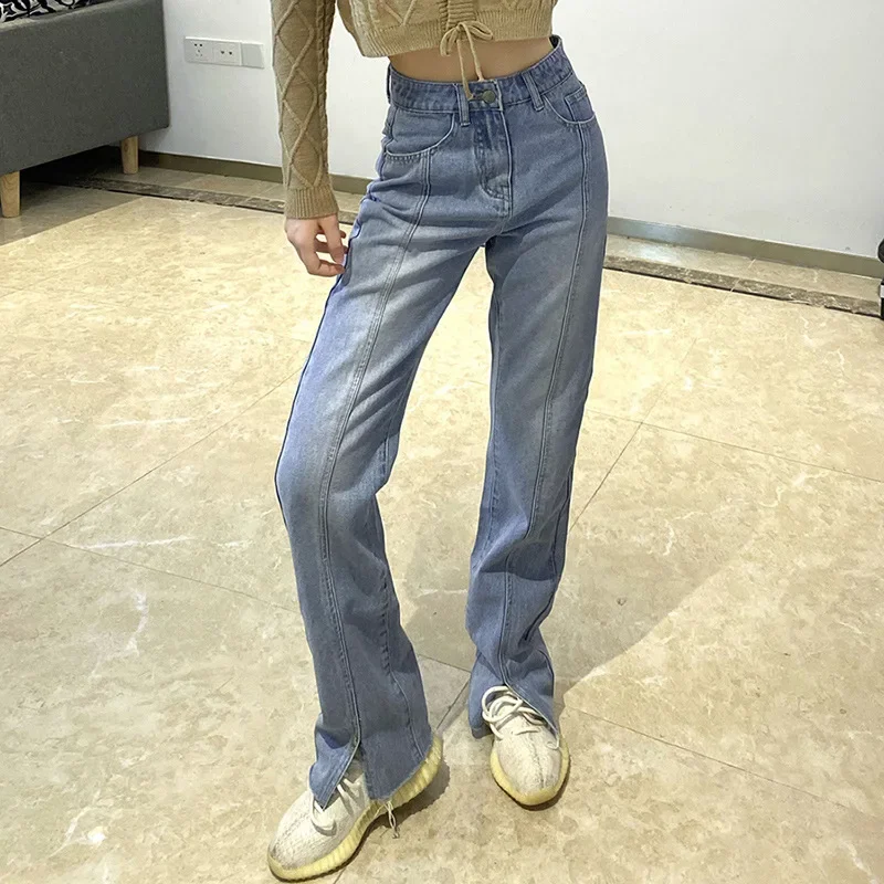 2021 Fall Winter New Style High Waist Fashion Split Vintage Striped Jeans Women Blue Zipper Pants Female Korean Solid Trouser 2022 new spring flared jeans women s blue slim body high waist vintage fashion elasticity denim pants female solid color trouser