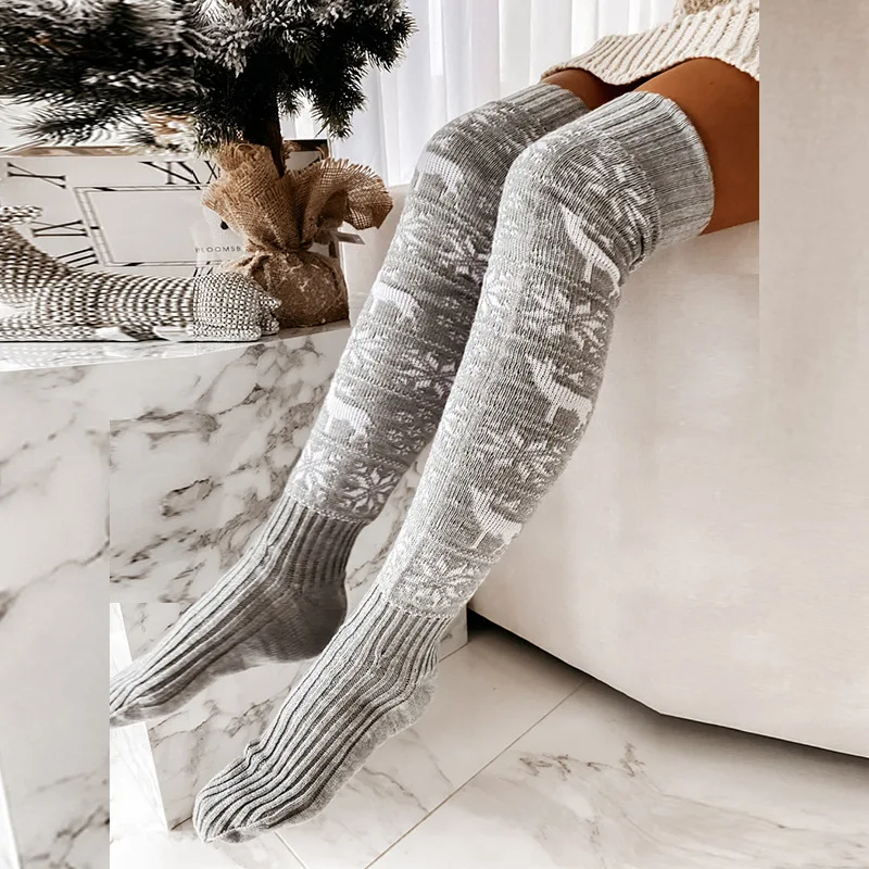 European and American Autumn and Winter Christmas Snowflake Elk Long Knitted Over The Knee Bunching Socks Women