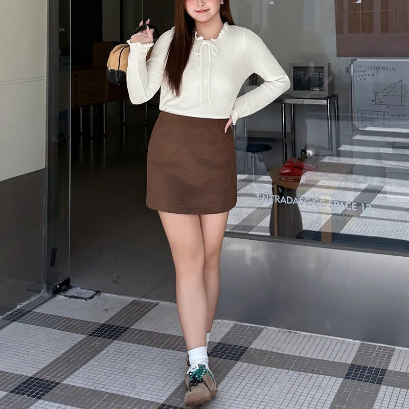 4XL Fashion Plus Size Women's T-Shirt Premium Preppy Style Ruffle Collar Knitted Texture Beige Base Top 9401