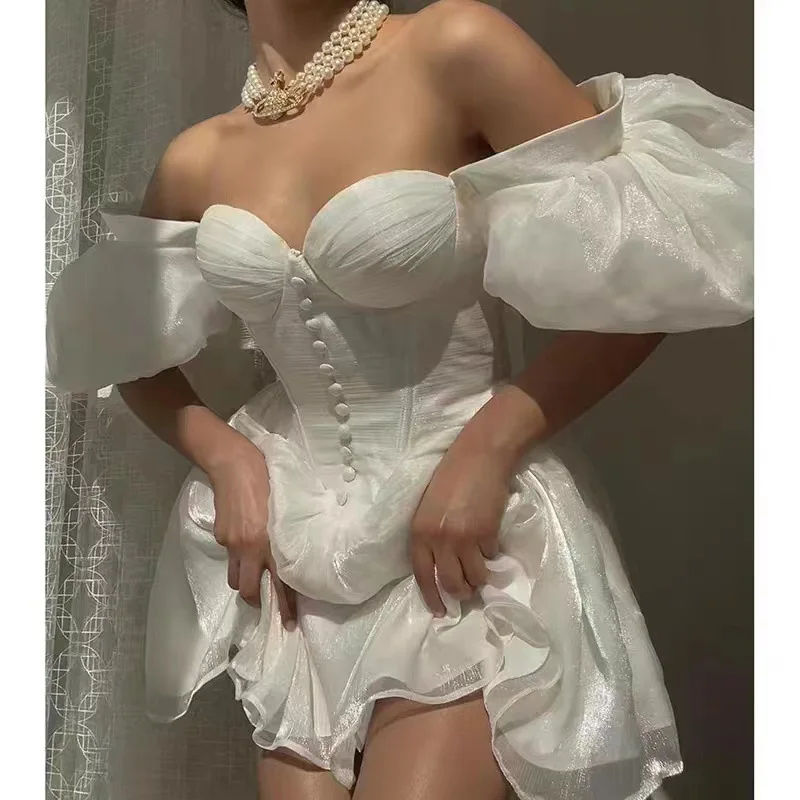 

French Retro Princess Female Dress Strapless Puff Sleeve Off Shoulder Hottie 2023 New Summer Women's Fairy Mini Dresses