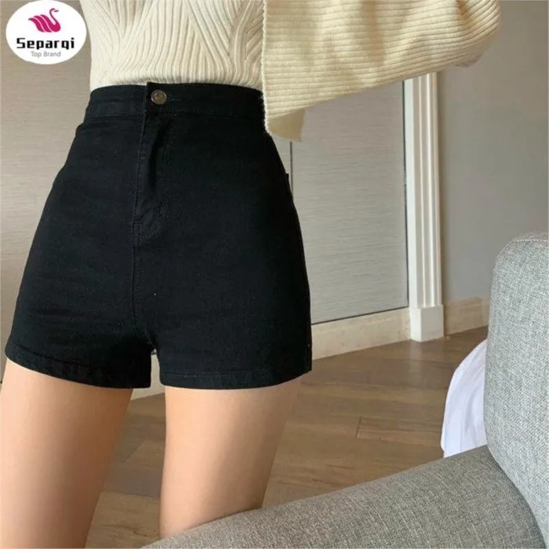 

SEPARQI Women's Black Goth Pants Shorts High Waist Spring Autumn Fashion Tight Sexy Stretch Y2K Corduroy Female Casual Pants