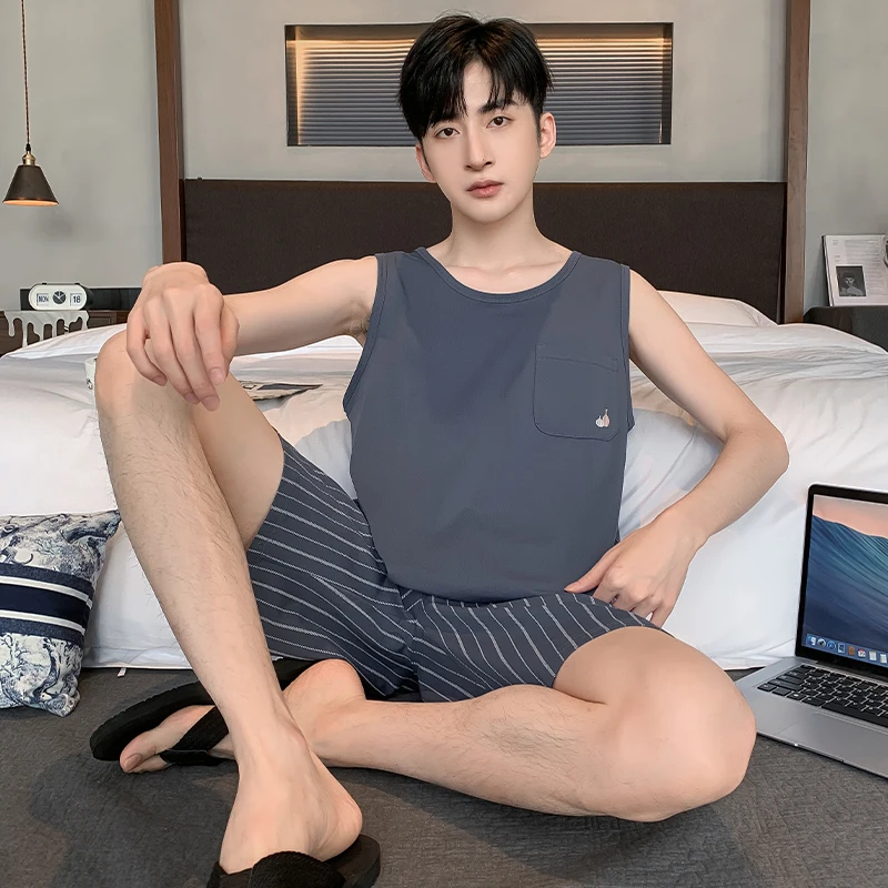 Big Size L-4XL Cotton Nightwear Men Pajamas Set Sleeveless Nightwear Summer O Neck Shorts Homewear pijama hombre