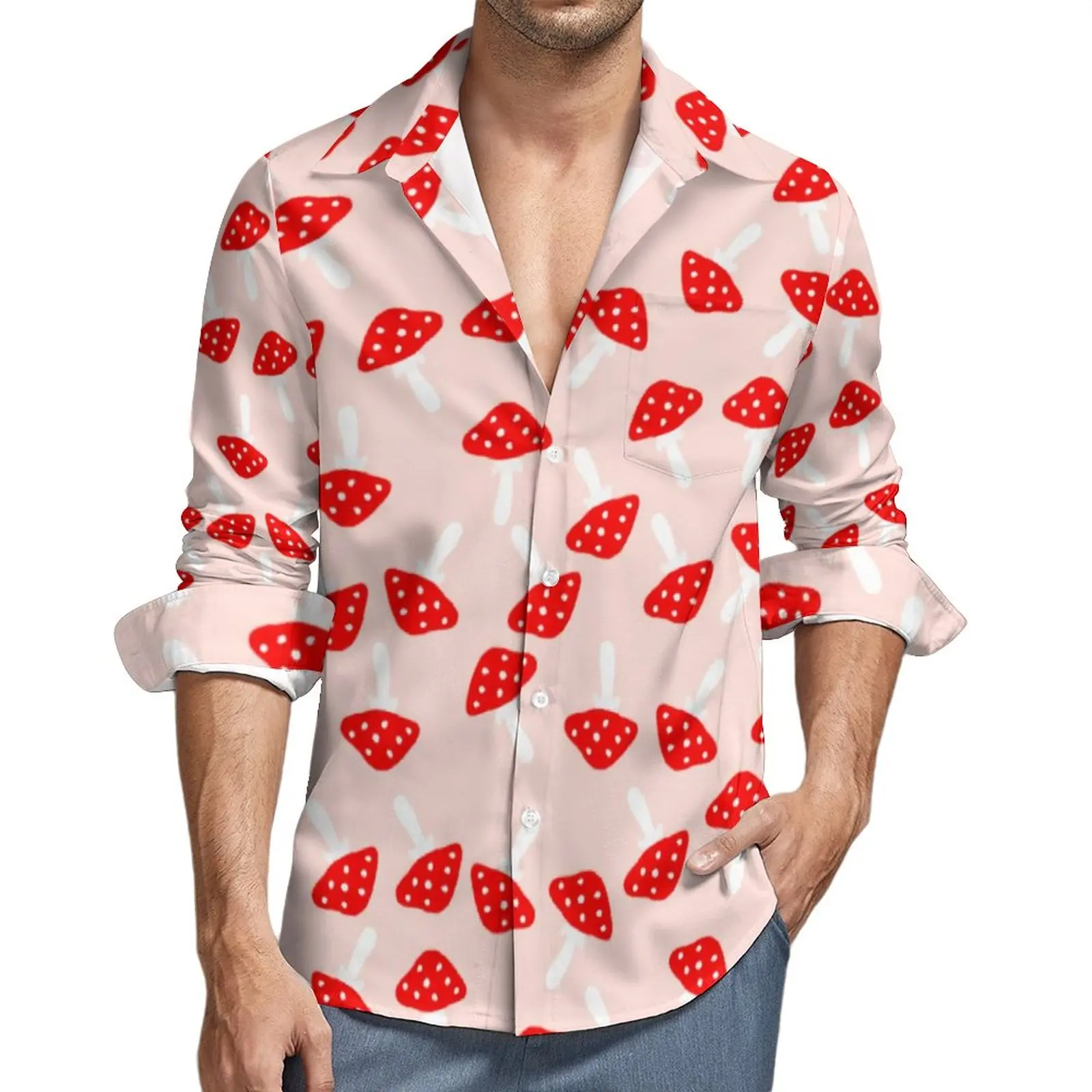 

Toadstool Mushrooms Shirt Spring Cute Mushroom Print Casual Shirts Trending Blouses Long Sleeve Design Aesthetic Top Plus Size
