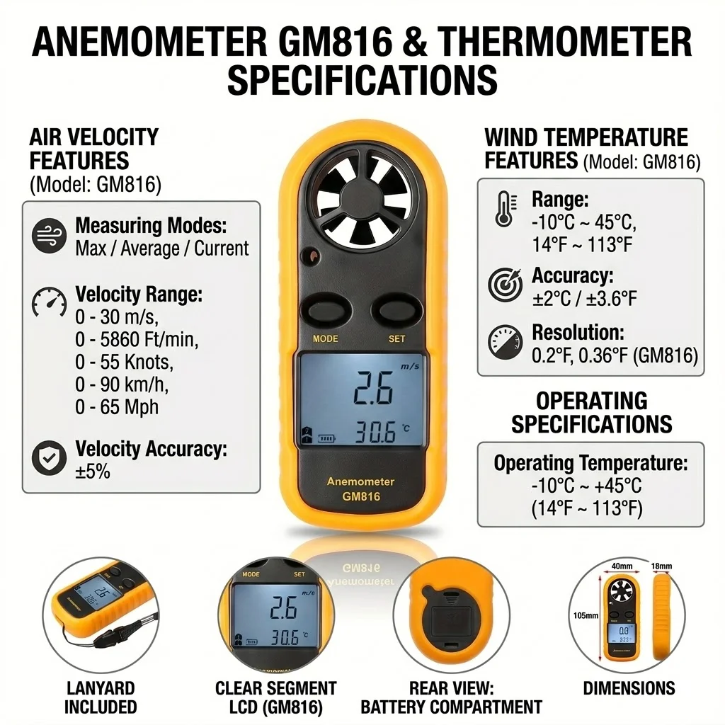미니 풍속계 디지털 풍속계 0-30m/s 풍속 풍량 -10 ° C 45 ° LCD 백라이트 끈이 있는 C 온도 측정기