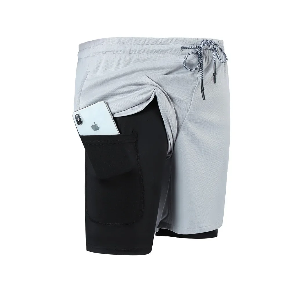 Men's Fitness Five-Quarter Shorts Double Layer Elastic Sports Running Training Shorts with Zipper Pocket by None( AE Stock)