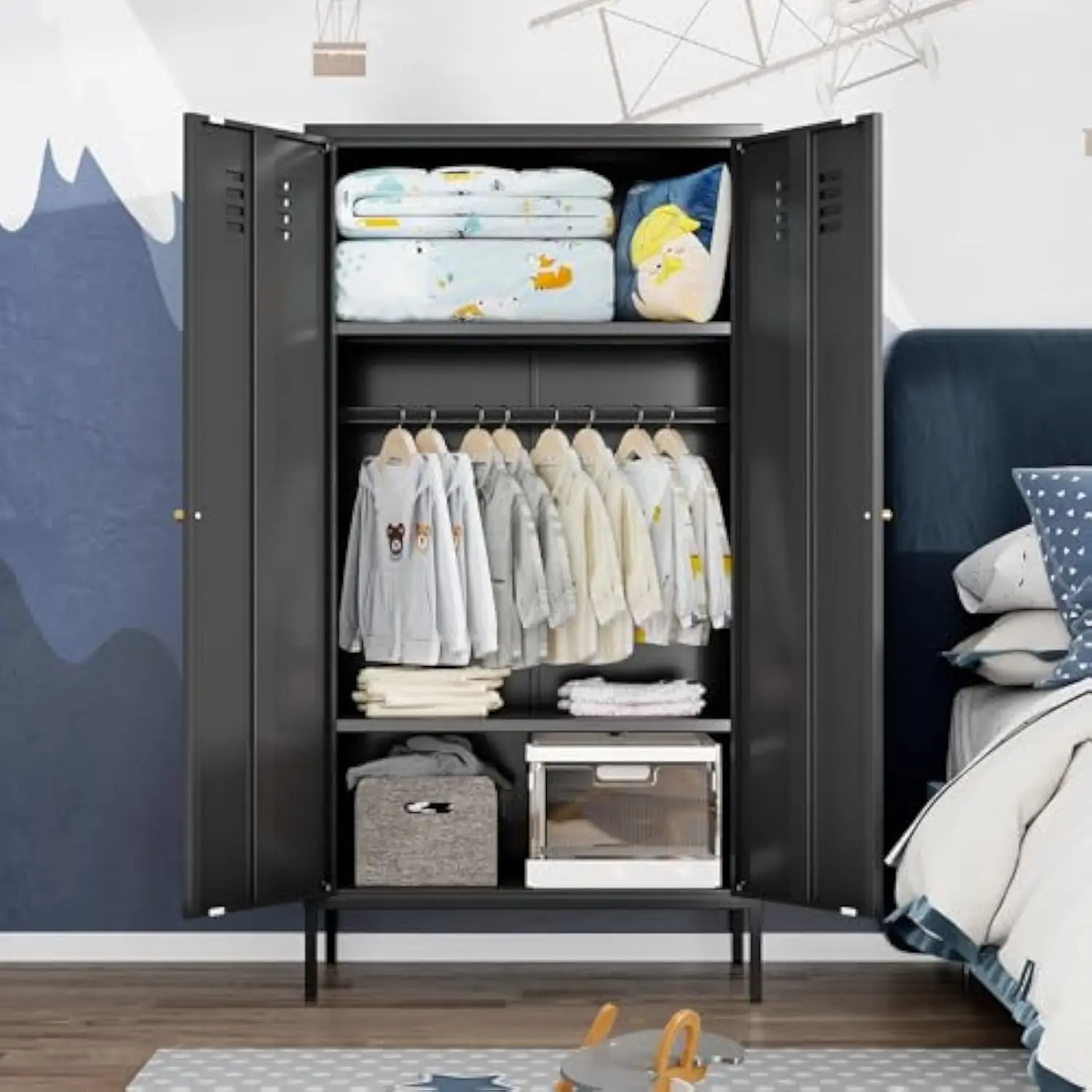 2 Door Metal Wardrobe Storage Cabinet with Hanging Rod and 2 Freely Adjustable Shelves Kids Tall Metal Armoire Closet for Kids 2