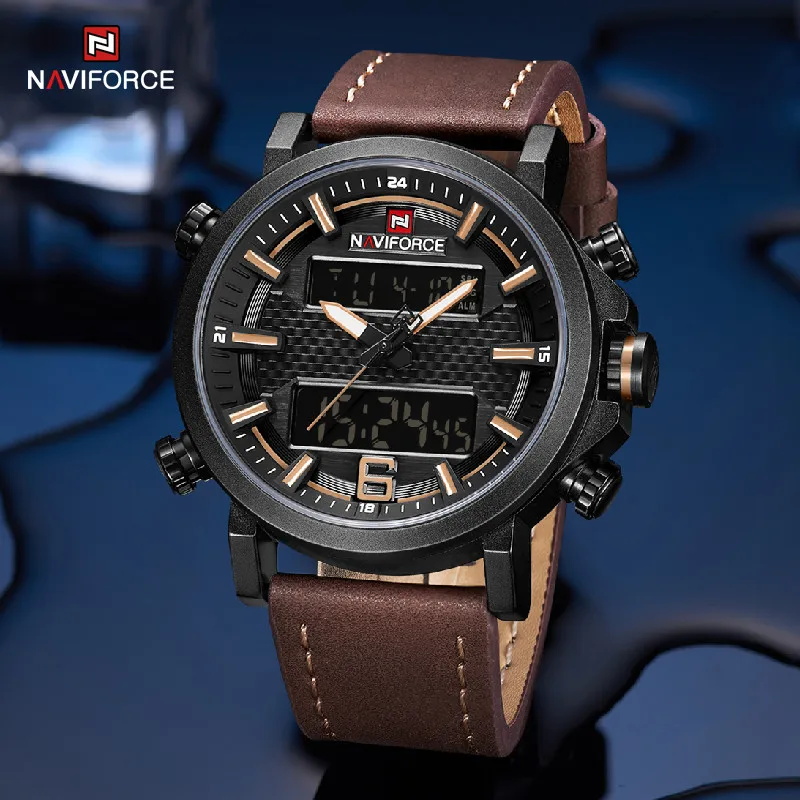 

Men's Military Watches NAVIFORCE Dual Display Digital Quartz Sports Wristwatches Male Leather Strap Waterproof Relogio Masculino