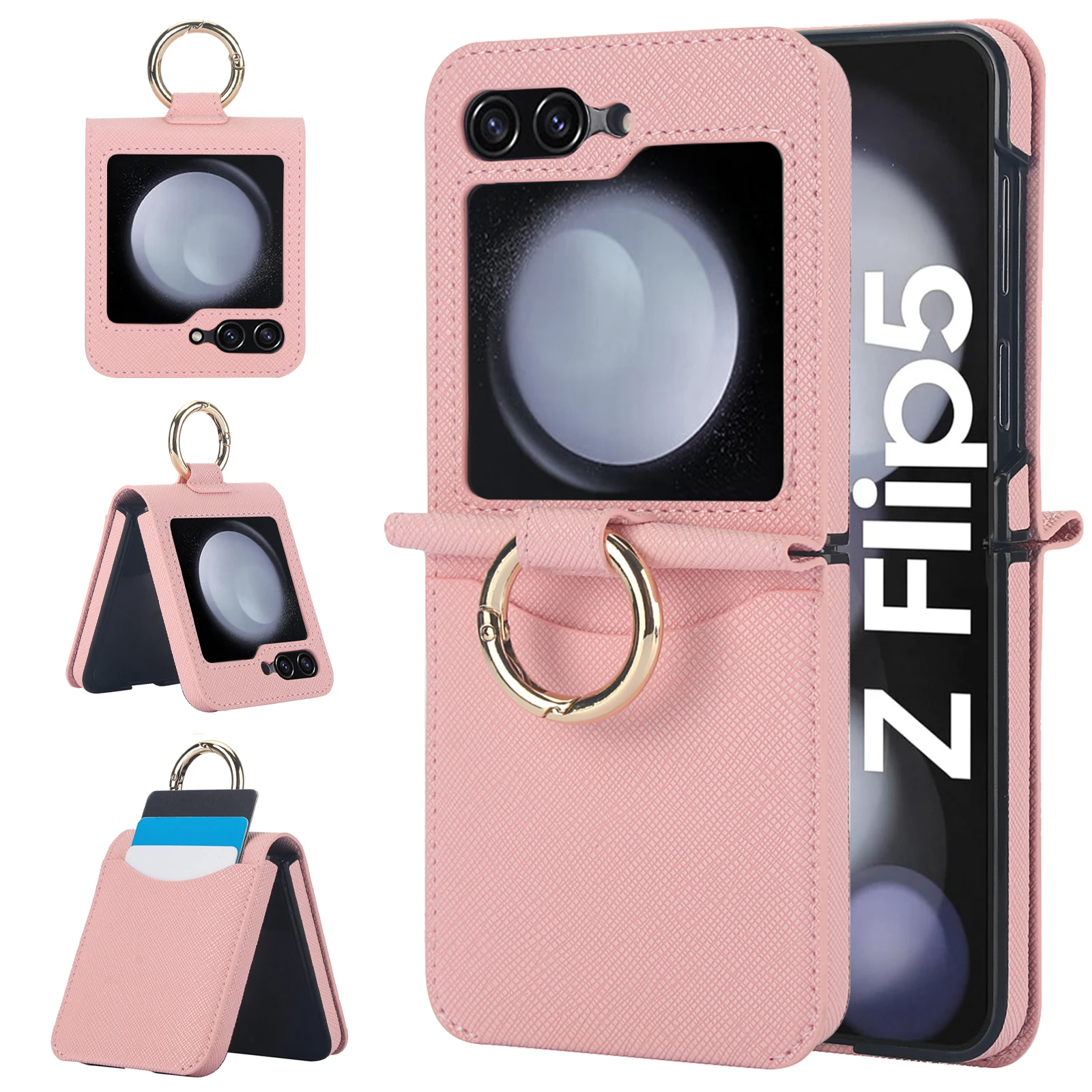 For Samsung Galaxy Z Flip 5 4 3 5G Case Luxury Elegant Plain PU Leather Ring Holder Folding Shockproof Protector Hard Back Cover