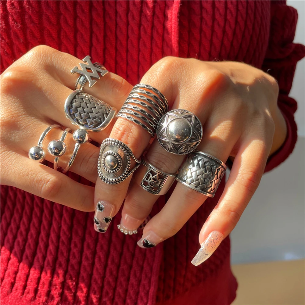 Silver Opening Rings Vintage Metal Geometric Irregular Flowers Love for Women Girls Party Travel Punk Jewelry silver ring,opening ring,finger ring