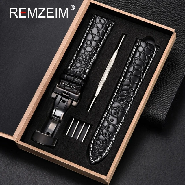 Luxury Embossed Leather Watch Strap with Butterfly Clasp