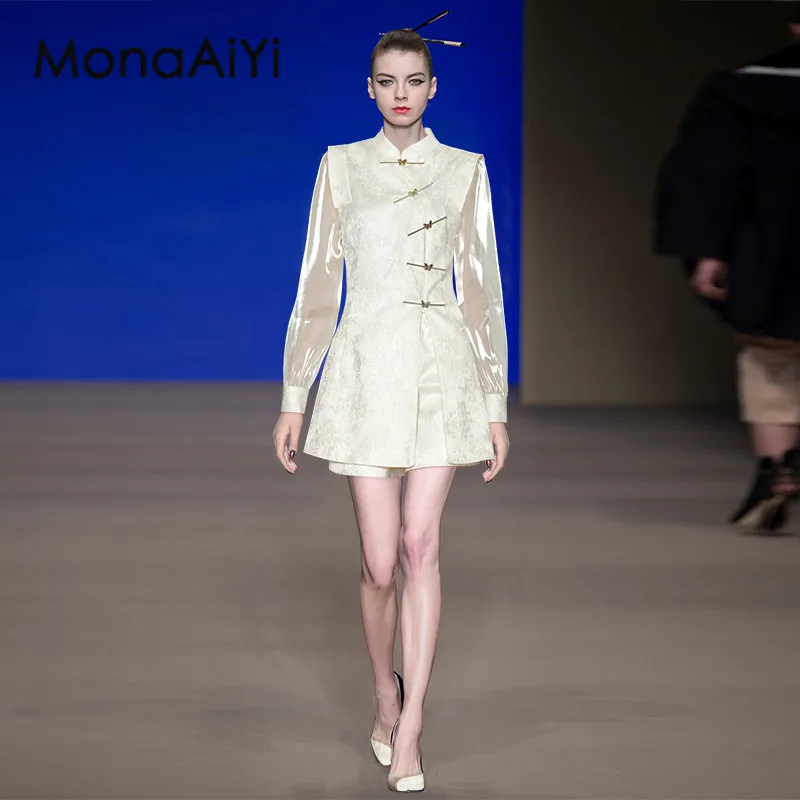 

MonaAiyi Fashion Women's Jacquard Stand-Up Collar Long Sleeve Single-Breasted Slim-Fit Top+Chinese Style Pocket Shorts Two-Piece