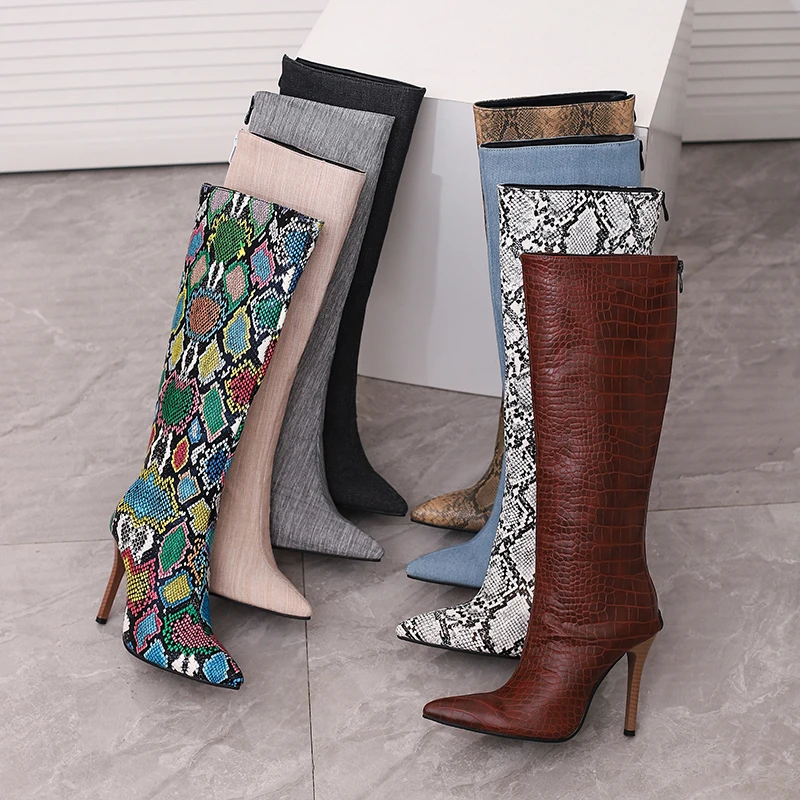 Kcenid Winter Knee High Boots For Women High Heels Pointed Toe Sexy Snakeskin Print Long Boots Fashion Denim Party Shoes Size 48