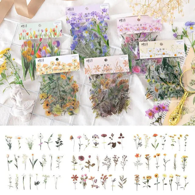 6 Styles 40Pcs/Bag Aesthetic Flower Stickers Pack Fresh Plant Hand Account *