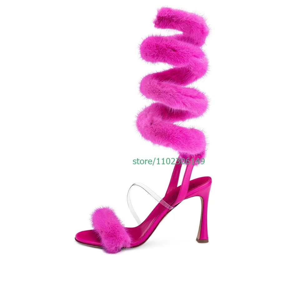 

Lady Rose Red Fur Design Wrap Around Sandals Summer Open Toe Sexy Slingback High Heels Elegant Feather Party Dress Shoes Size 46