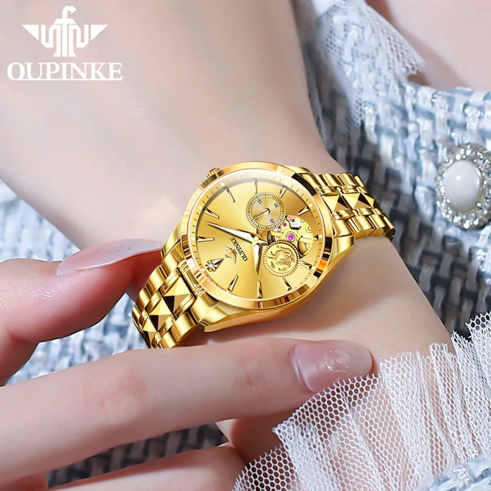 OUPINKE 3260 Real Diamond Real Gold Women Watch Top Luxury Brand Watches Tungsten steel Strap Luminous Ladies Wristwatch Set 2