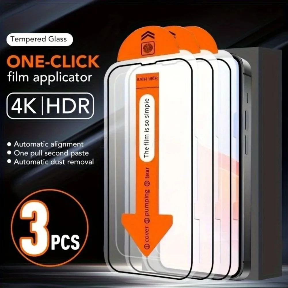 Kit com 3 Películas de Vidro HD Transparente para iPhone 17, 16, 15, 14 Pro Max, 13, 12, 11 Pro, 16, 15, 14 Plus, XR, XS Max - Fácil Instalação