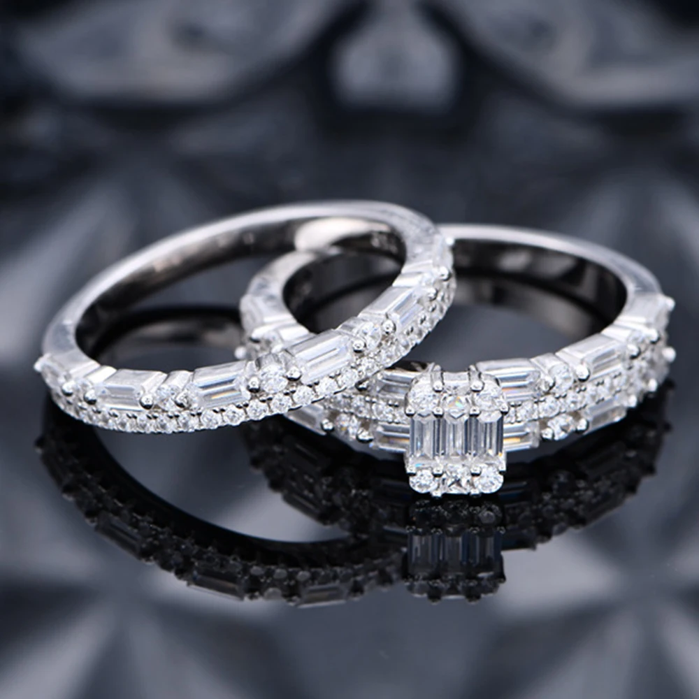 

S925 Silver Rings Set Women Row Diamond Bridal Sets Ring Female Shiny 5A Zircon Advanced Design Luxury Jewelry Girl Holiday Gift
