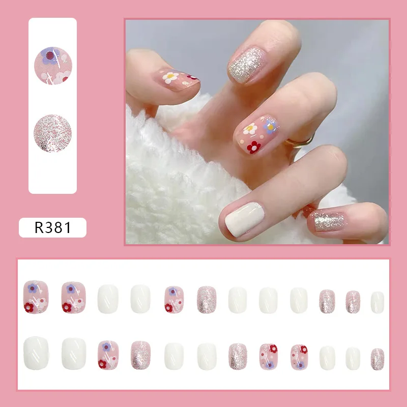 24 Pieces/set Cute Flower Pressed Nude Acrylic Art Fake Nail Stickers  Ladies Heart/Star Pink Blush Smudge Finished Nail Art - AliExpress