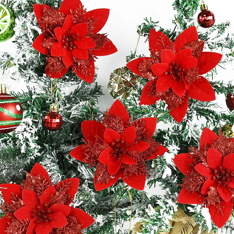 

5/10Pcs Glitter Christmas Tree Flower Artificial Poinsettia Flowers Christmas Ornaments Xmas Wreath DIY Decorations Supplies