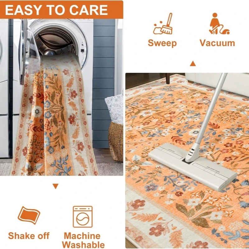 Nordic Retro Living Room Carpet Plant Flower Print Bedroom Rug Large Area Machine Washable Non-slip Coffee Table Mat Tapis Ковер