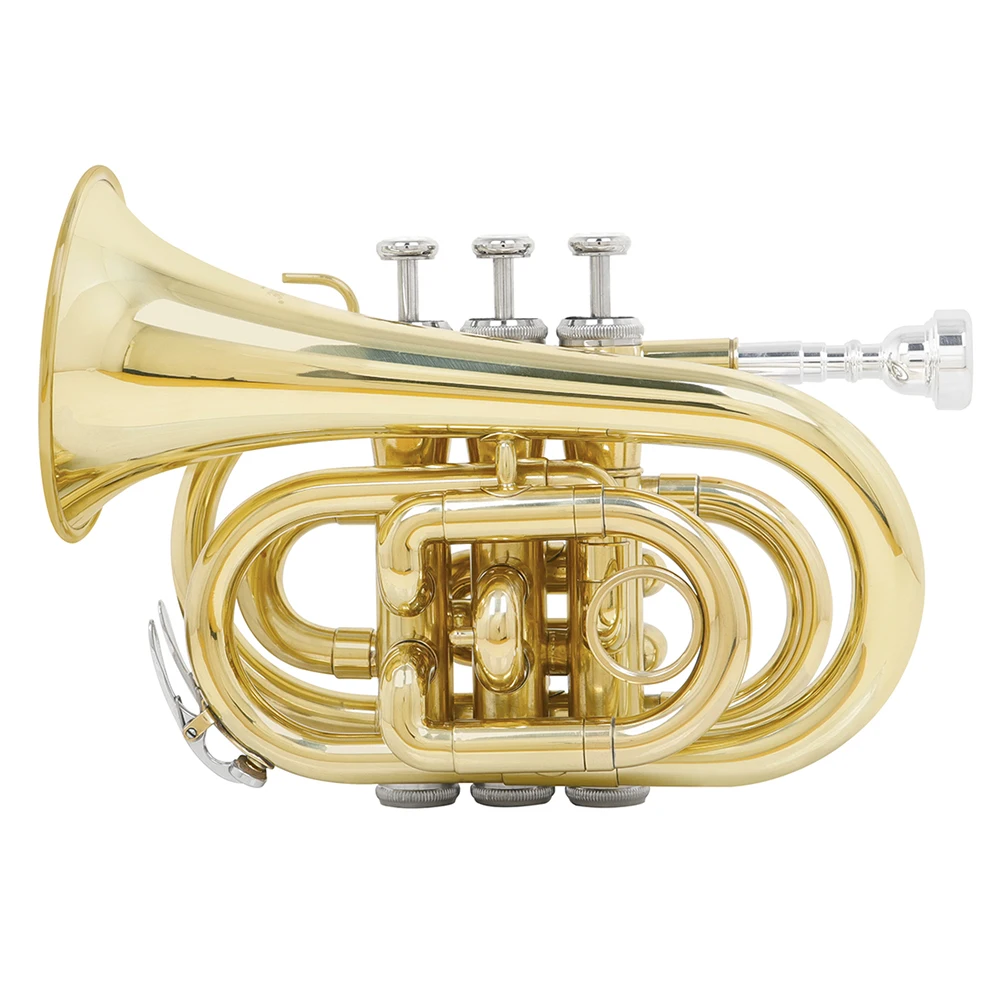 Mini Pocket Trumpet Bb Tune Gold Brass Body Trumpet Playing Instrument with Back Strap Glove Wipe Cloth Headpiece Brush Rope