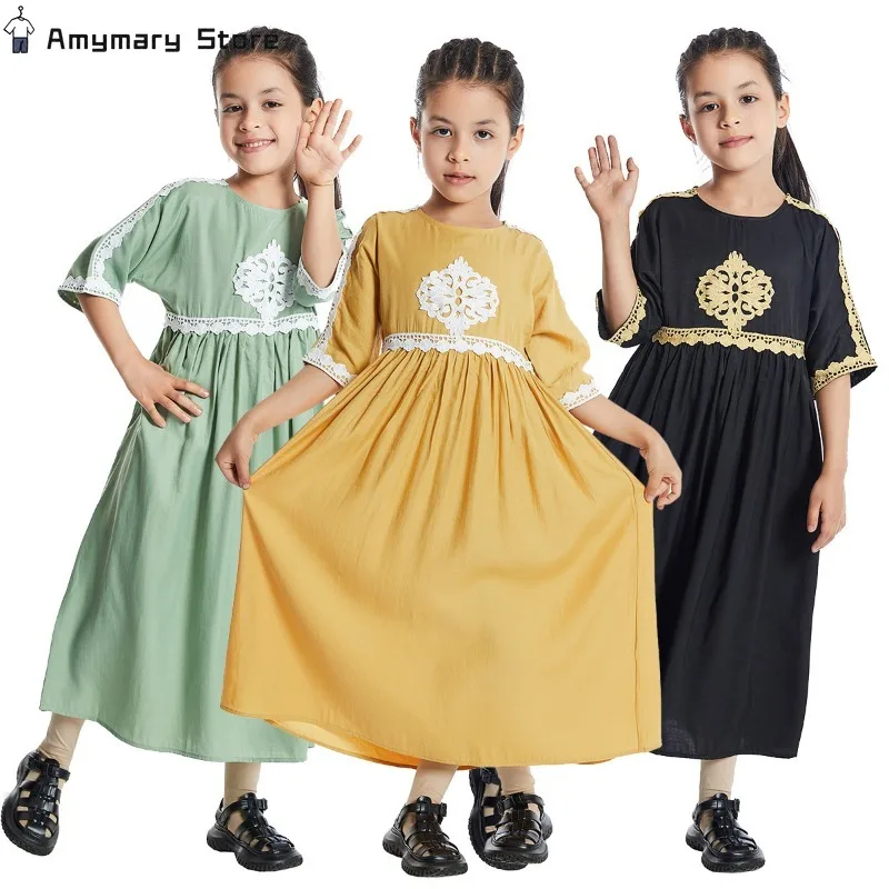 

New Ramadan Muslim Children Abaya Girl Lace Dress Round Neck Cropped Sleeves Kaftan Maxi Islamic Abaya Arab Long Robe Dresses