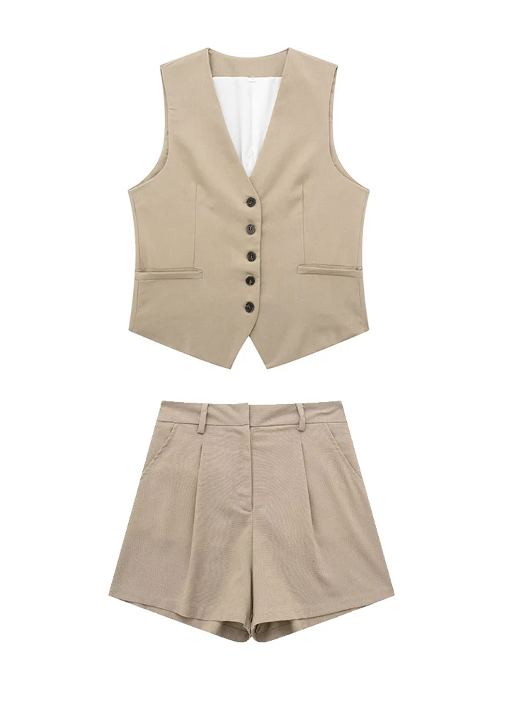 Willshela Women Fashion 2 Piece Set Solid Single Breasted V-Neck Vest & Vintage High Waist Shorts Female Chic Lady Shorts Set
