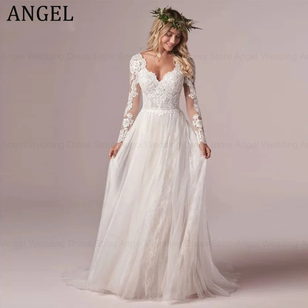 

ANGEL Tulle Long Sleeve Wedding Dresses Boho V-Neck Lace Appliques Bridal Gowns A-Line Open Back For Women Robe De Mariee