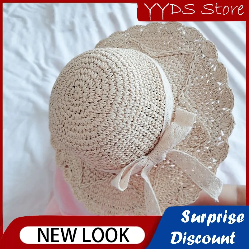 Summer baby straw hat Panama straw hat lace ribbon decorative handmade foldable sun hat beach sunscreen outdoor parent-child hat baby summer grass capital sun hat 6 corporal ridge la fei grass big straw hat child beach travel sunscreen straw hat