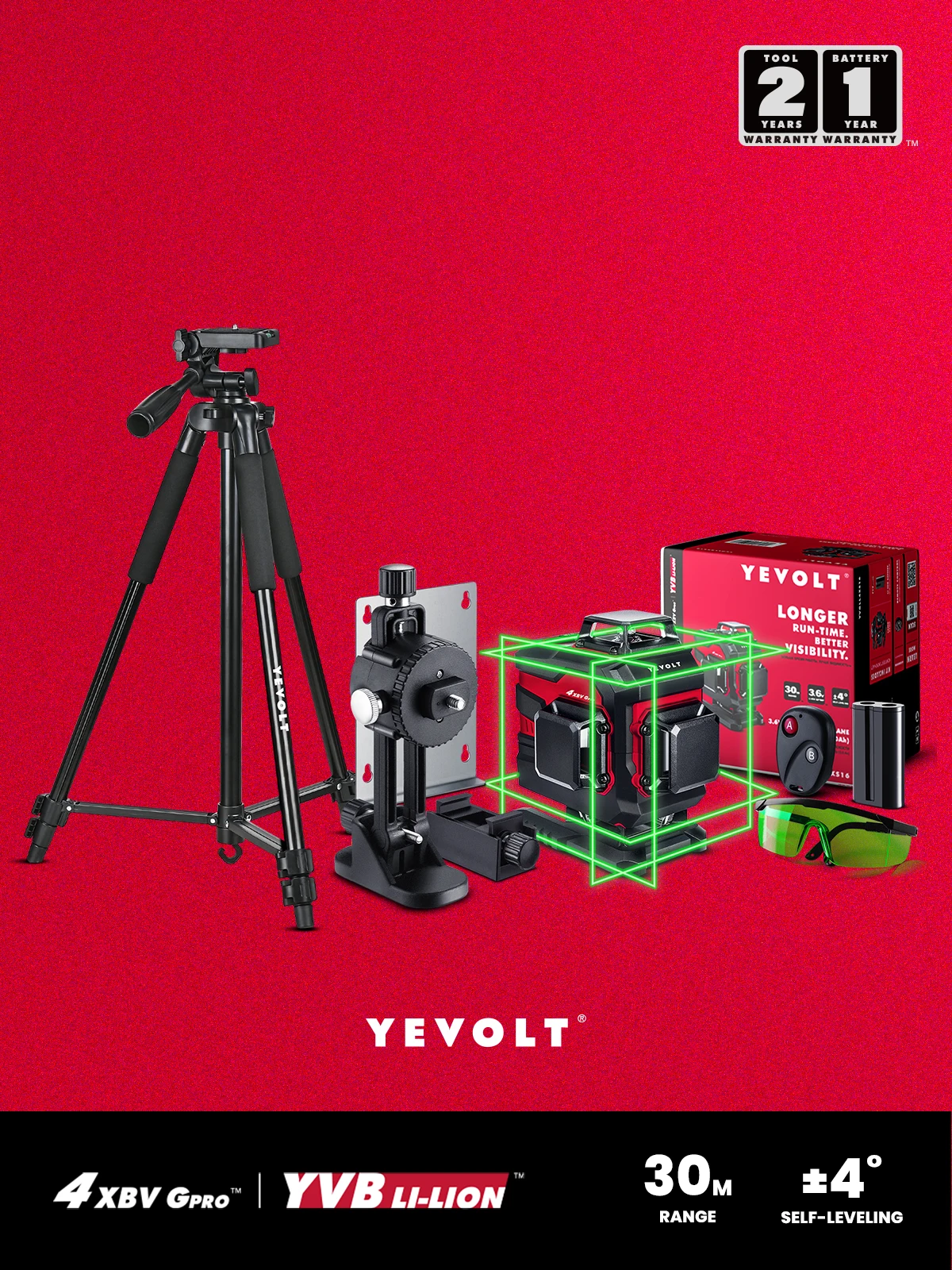 

YEVOLT TP-YVGLL4XS16-GW 16 Lines 4-Plane Green Laser Level Self-leveling Machine with Tripod Fine-tuning Magnetic Holder Glasses