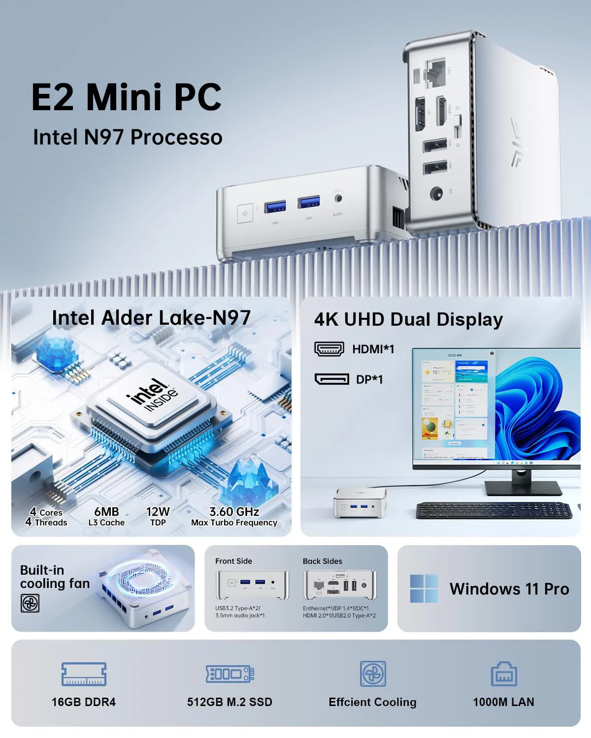 ACEMAGIC Mini PC E2 Mini Computer Alder Lake-N97 16GB DDR4 GB M.2 SSD Windows 11 Pro Micro Desktop Computer Mini PC 3